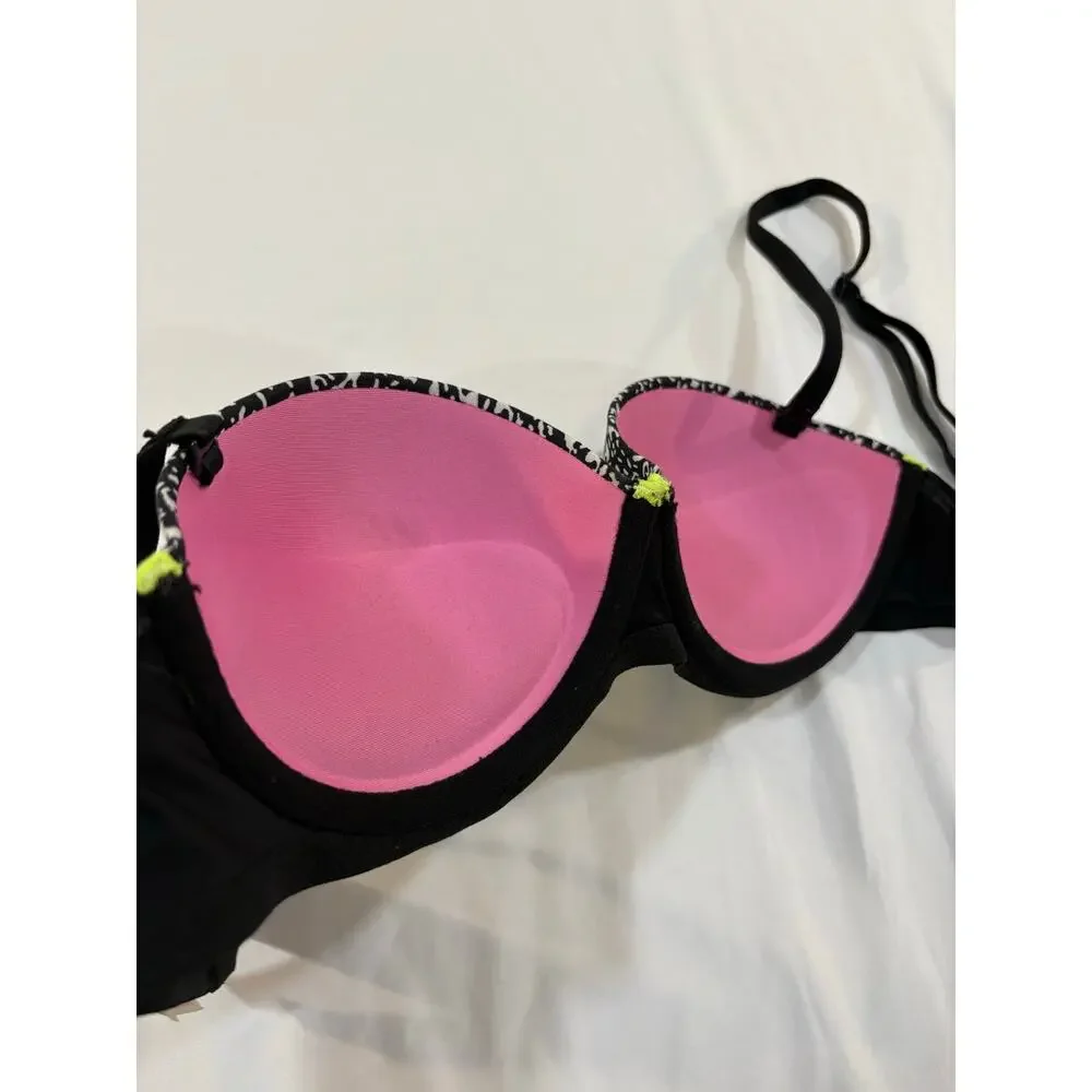 PINK Victoria’s Secret Black White Print Neon Yellow Green Push Up Bra Size 34B